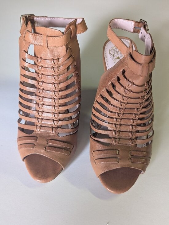 Vince Camuto Shoes - Vince Camuto Effel Gladiator Cage Sandals Tan Leather Cone Heel Spring Boho 7W
